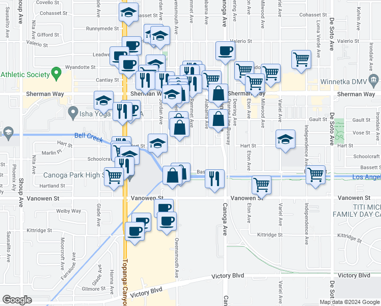 map of restaurants, bars, coffee shops, grocery stores, and more near 6947 Remmet Avenue in Los Angeles