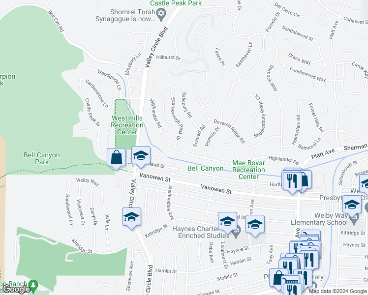 map of restaurants, bars, coffee shops, grocery stores, and more near 24223 Highlander Road in Los Angeles