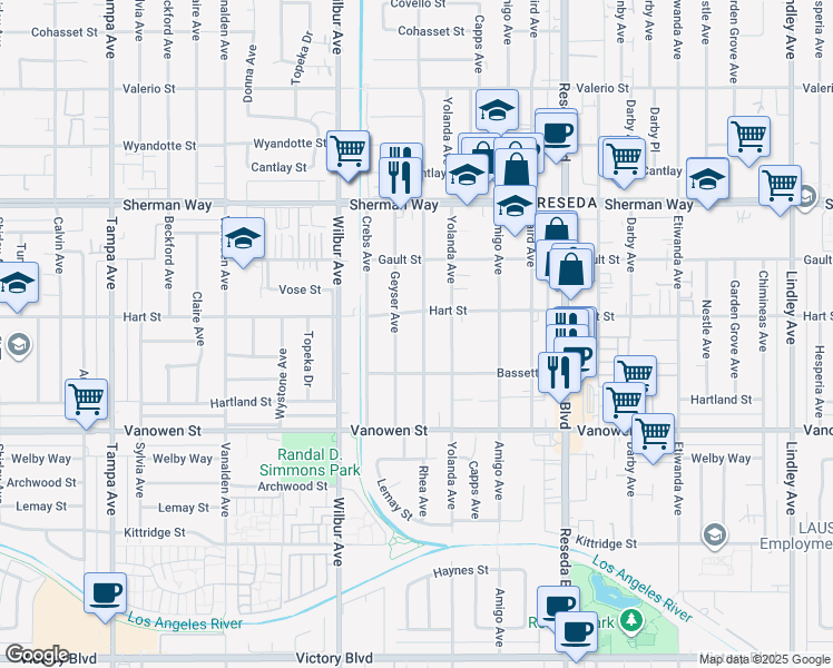 map of restaurants, bars, coffee shops, grocery stores, and more near 6943 Rhea Avenue in Los Angeles