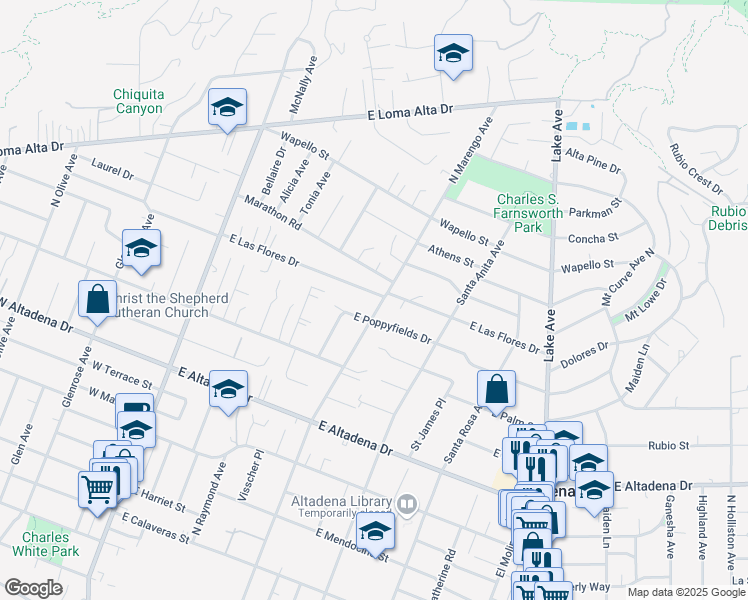 map of restaurants, bars, coffee shops, grocery stores, and more near 344 East Las Flores Drive in Altadena