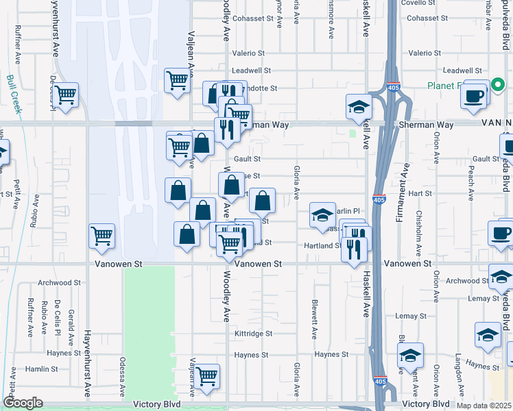 map of restaurants, bars, coffee shops, grocery stores, and more near 6928 Gaviota Avenue in Los Angeles
