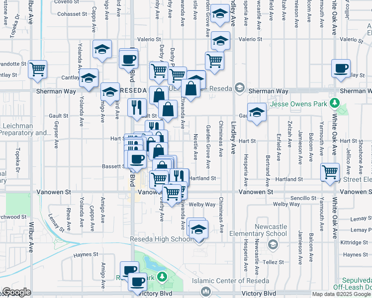 map of restaurants, bars, coffee shops, grocery stores, and more near 6946 Etiwanda Avenue in Los Angeles
