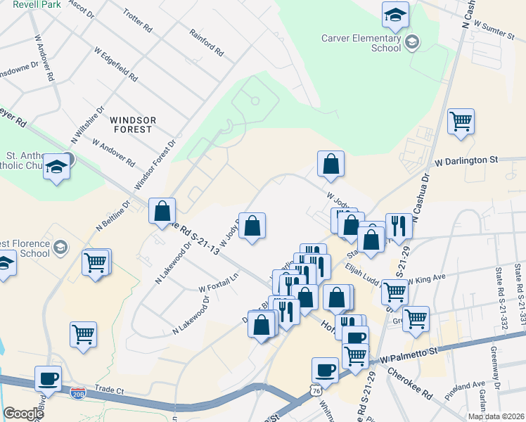 map of restaurants, bars, coffee shops, grocery stores, and more near 2210 West Jody Road in Florence