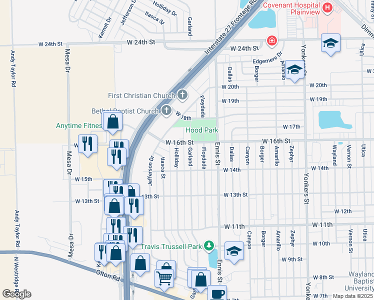 map of restaurants, bars, coffee shops, grocery stores, and more near 1505 Garland in Plainview