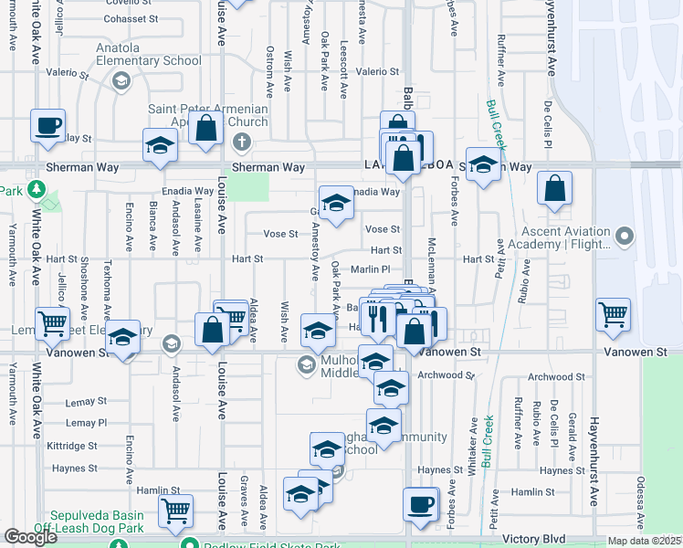 map of restaurants, bars, coffee shops, grocery stores, and more near 17024 Marlin Place in Los Angeles