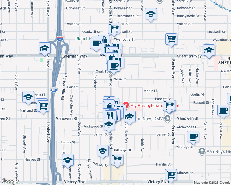map of restaurants, bars, coffee shops, grocery stores, and more near 6940 Sepulveda Boulevard in Los Angeles