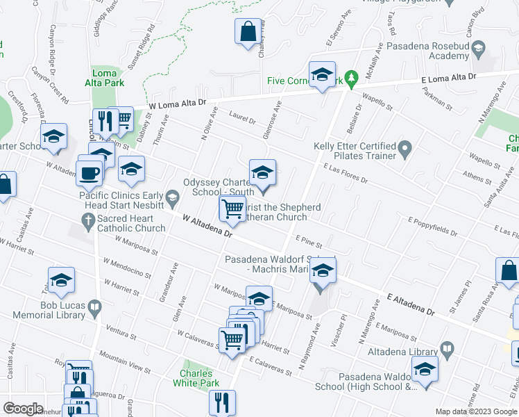 map of restaurants, bars, coffee shops, grocery stores, and more near 110 West Palm Street in Altadena