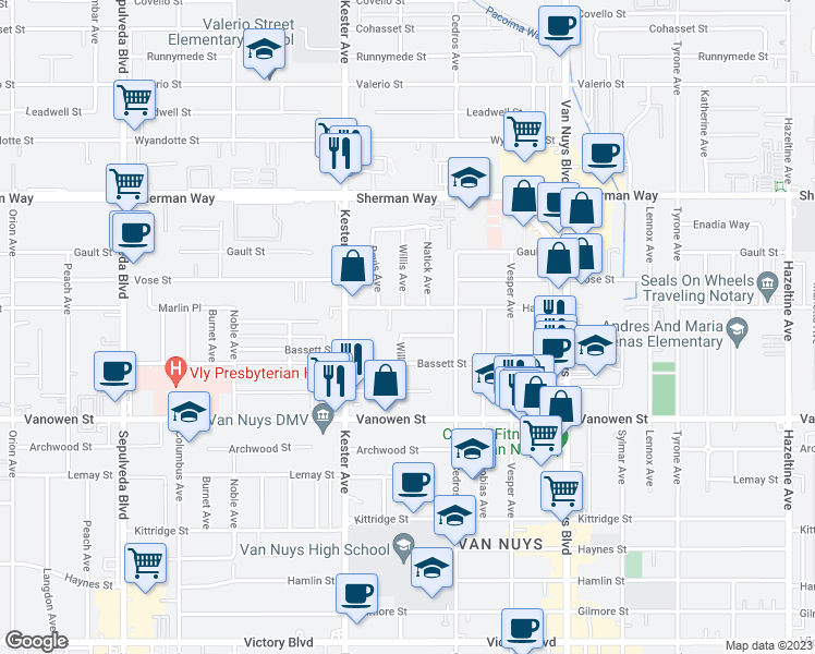 map of restaurants, bars, coffee shops, grocery stores, and more near 14755 Marlin Place in Los Angeles