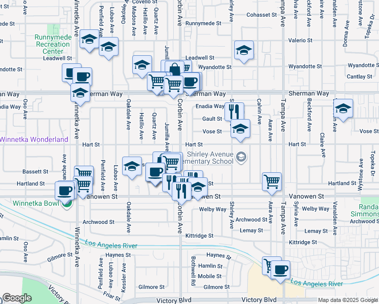 map of restaurants, bars, coffee shops, grocery stores, and more near 6945 Bothwell Road in Los Angeles