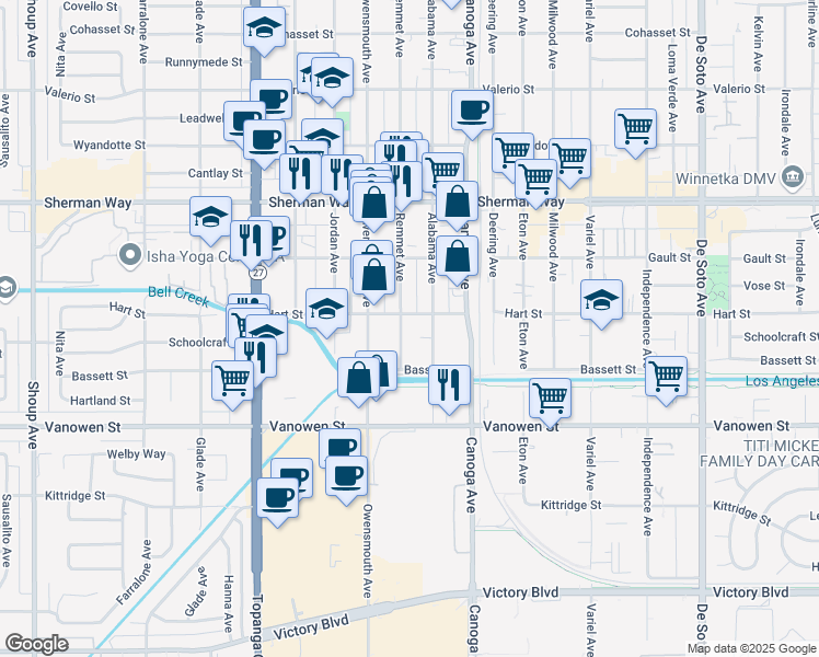 map of restaurants, bars, coffee shops, grocery stores, and more near 6950 Remmet Avenue in Los Angeles