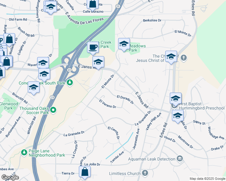 map of restaurants, bars, coffee shops, grocery stores, and more near 1543 El Dorado Drive in Thousand Oaks