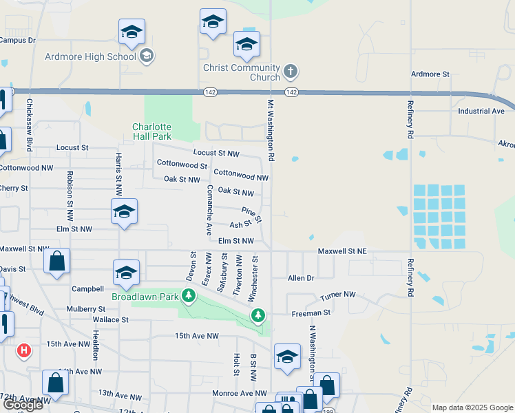 map of restaurants, bars, coffee shops, grocery stores, and more near 327 Ash Street Northwest in Ardmore