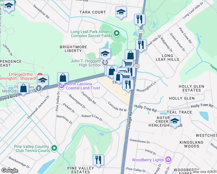 map of restaurants, bars, coffee shops, grocery stores, and more near 4469 Holly Tree Road in Wilmington