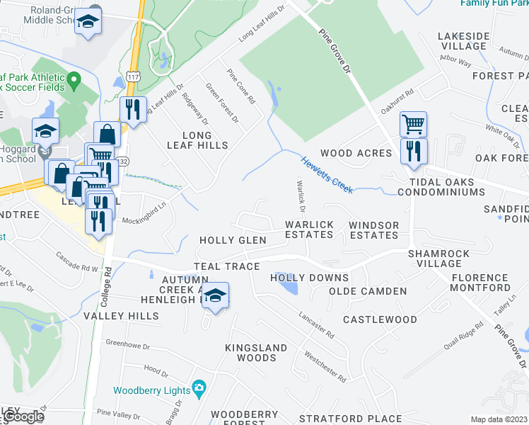 map of restaurants, bars, coffee shops, grocery stores, and more near 5009 Montford Drive in Wilmington