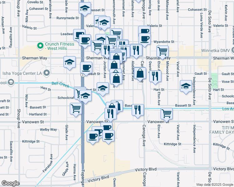 map of restaurants, bars, coffee shops, grocery stores, and more near 6947 Remmet Avenue in Los Angeles