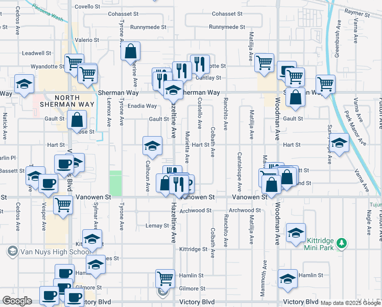 map of restaurants, bars, coffee shops, grocery stores, and more near 6944 Murietta Avenue in Los Angeles