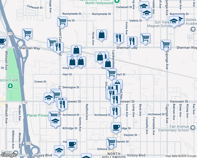 map of restaurants, bars, coffee shops, grocery stores, and more near 6941 Morella Avenue in Los Angeles