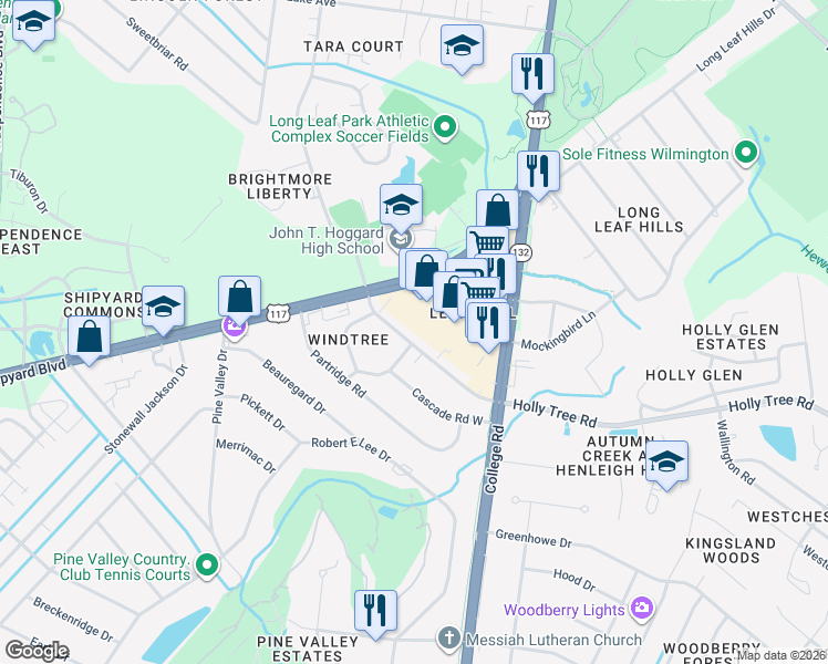 map of restaurants, bars, coffee shops, grocery stores, and more near 4469 Holly Tree Road in Wilmington