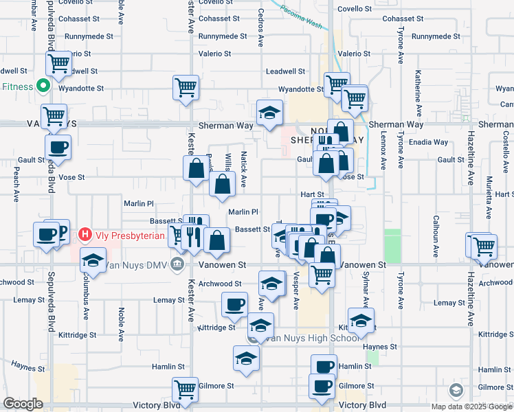 map of restaurants, bars, coffee shops, grocery stores, and more near 6941 Cedros Avenue in Los Angeles