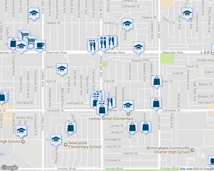 map of restaurants, bars, coffee shops, grocery stores, and more near 6947 Jellico Avenue in Los Angeles