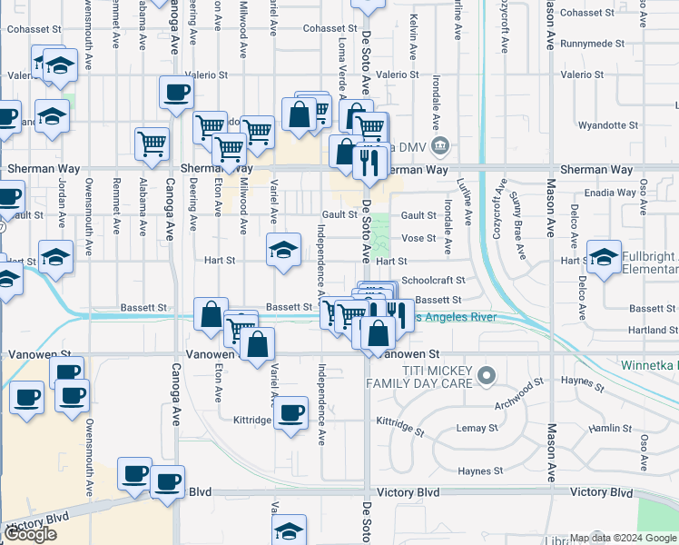 map of restaurants, bars, coffee shops, grocery stores, and more near 6951 Loma Verde Avenue in Los Angeles