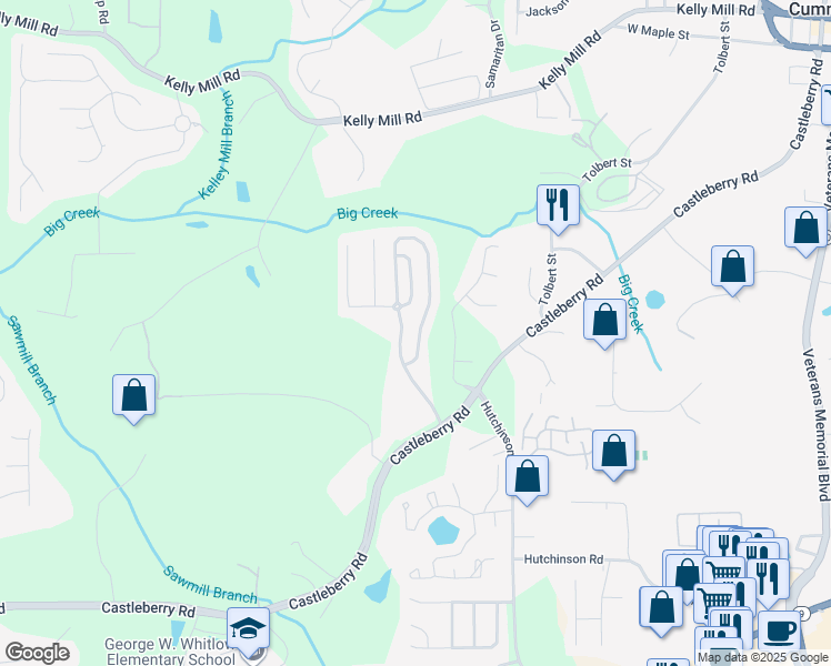 map of restaurants, bars, coffee shops, grocery stores, and more near 3333 Castleberry Village Circle in Cumming