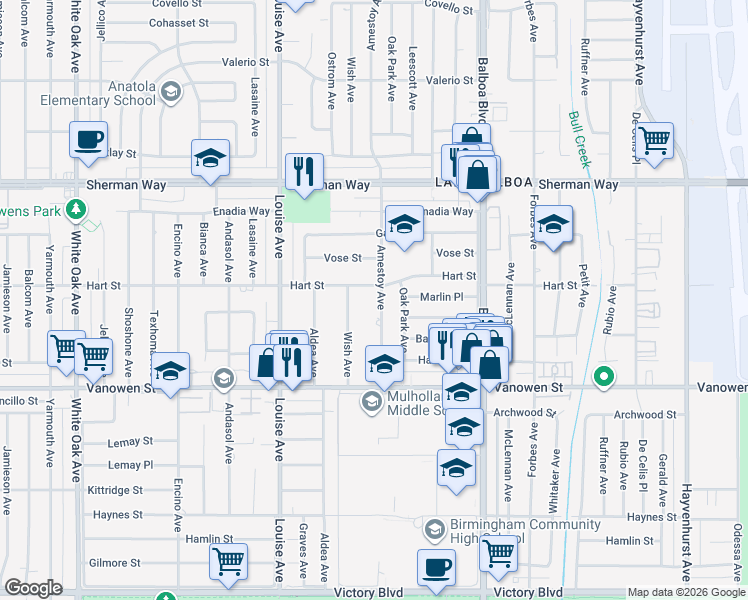 map of restaurants, bars, coffee shops, grocery stores, and more near 6945 Amestoy Avenue in Los Angeles