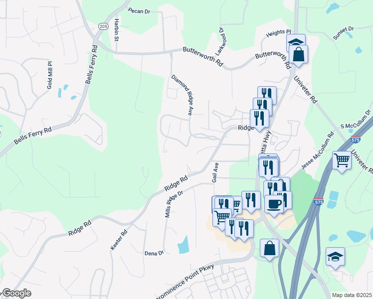 map of restaurants, bars, coffee shops, grocery stores, and more near 213 Diamond Valley Pass in Canton