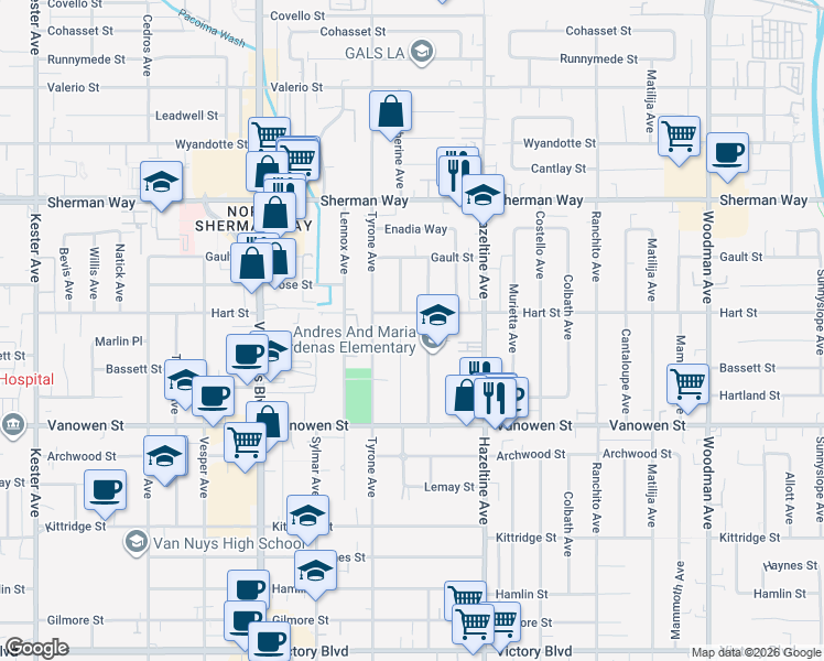 map of restaurants, bars, coffee shops, grocery stores, and more near 6942 Katherine Avenue in Los Angeles