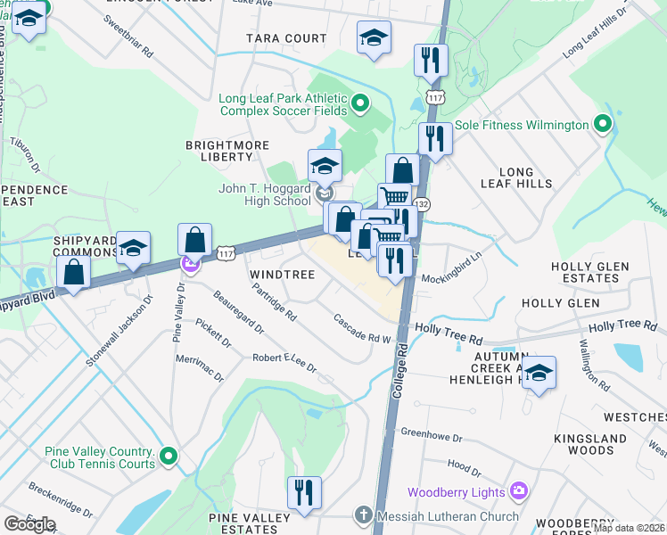map of restaurants, bars, coffee shops, grocery stores, and more near 4469 Holly Tree Road in Wilmington