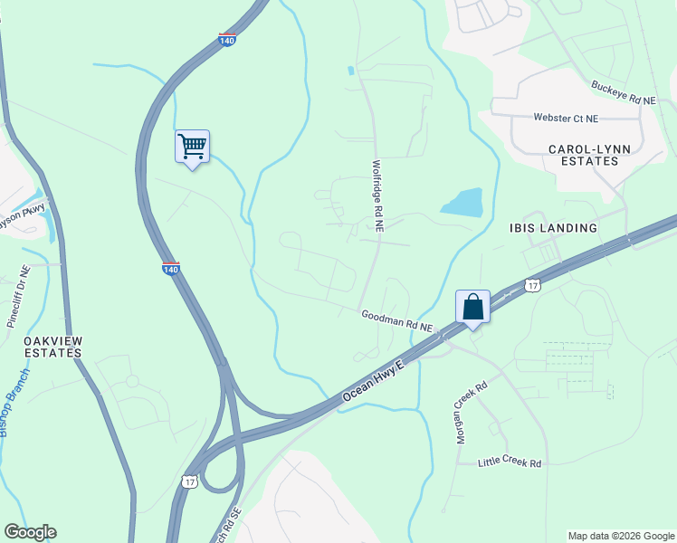 map of restaurants, bars, coffee shops, grocery stores, and more near 109 Wolfridge Road Northeast in Leland