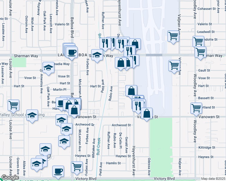 map of restaurants, bars, coffee shops, grocery stores, and more near 6950 Rubio Avenue in Los Angeles
