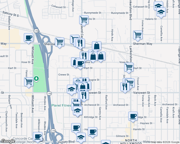 map of restaurants, bars, coffee shops, grocery stores, and more near 6936 Agnes Avenue in Los Angeles