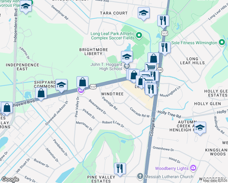 map of restaurants, bars, coffee shops, grocery stores, and more near 4417 Windtree Road in Wilmington
