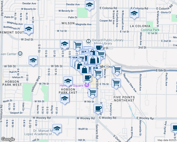 map of restaurants, bars, coffee shops, grocery stores, and more near 538 South B Street in Oxnard