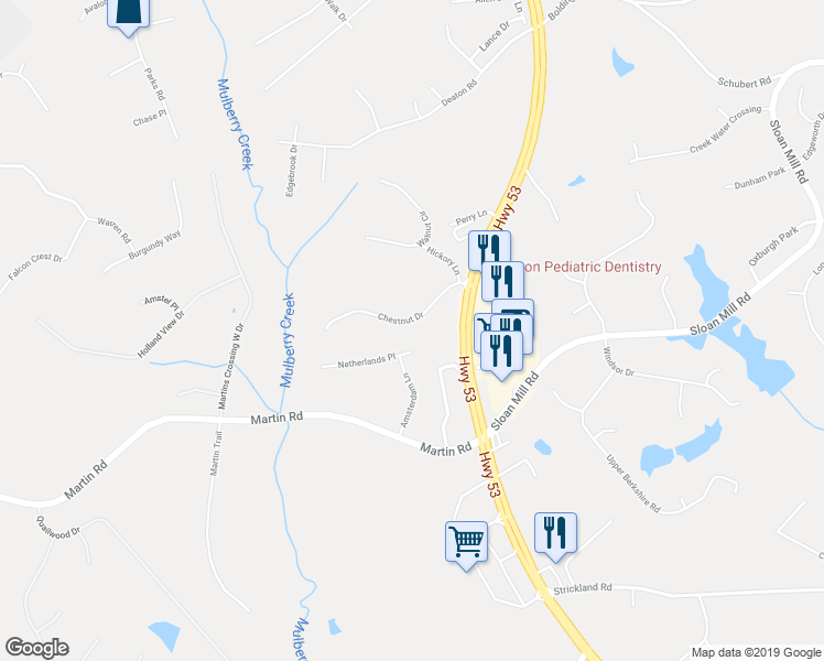 map of restaurants, bars, coffee shops, grocery stores, and more near 4043 Chestnut Drive in Flowery Branch