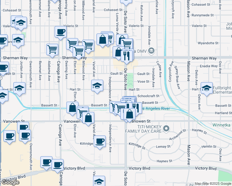 map of restaurants, bars, coffee shops, grocery stores, and more near 6951 Loma Verde Avenue in Los Angeles