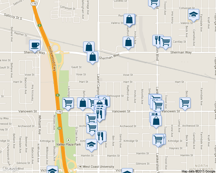 map of restaurants, bars, coffee shops, grocery stores, and more near 6936 Agnes Avenue in Los Angeles