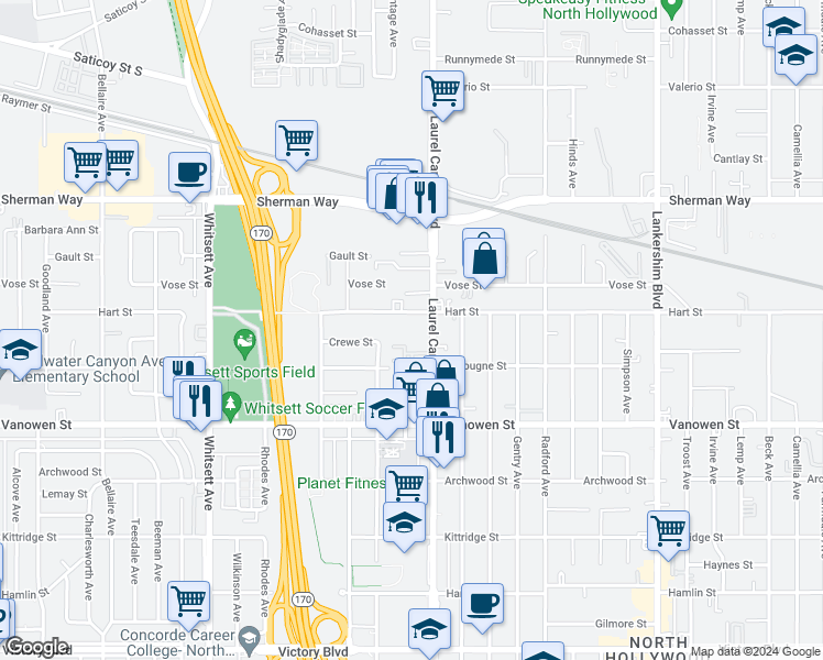 map of restaurants, bars, coffee shops, grocery stores, and more near 12148 Hart Street in Los Angeles
