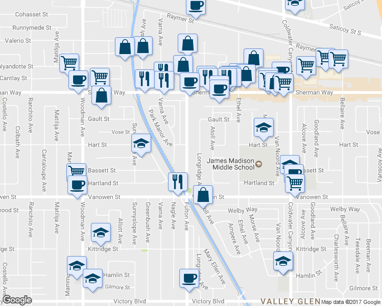 map of restaurants, bars, coffee shops, grocery stores, and more near 6940 Fulton Avenue in Los Angeles