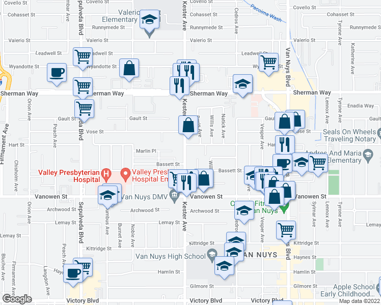 map of restaurants, bars, coffee shops, grocery stores, and more near 14836 Hart Street in Los Angeles