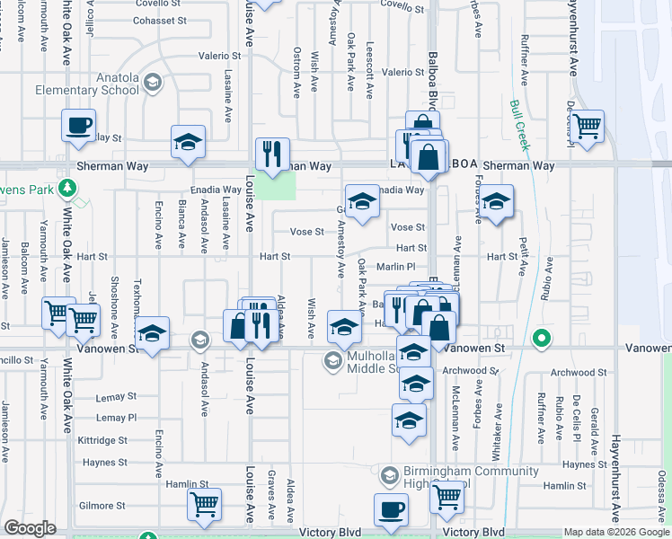 map of restaurants, bars, coffee shops, grocery stores, and more near 6945 Amestoy Avenue in Los Angeles
