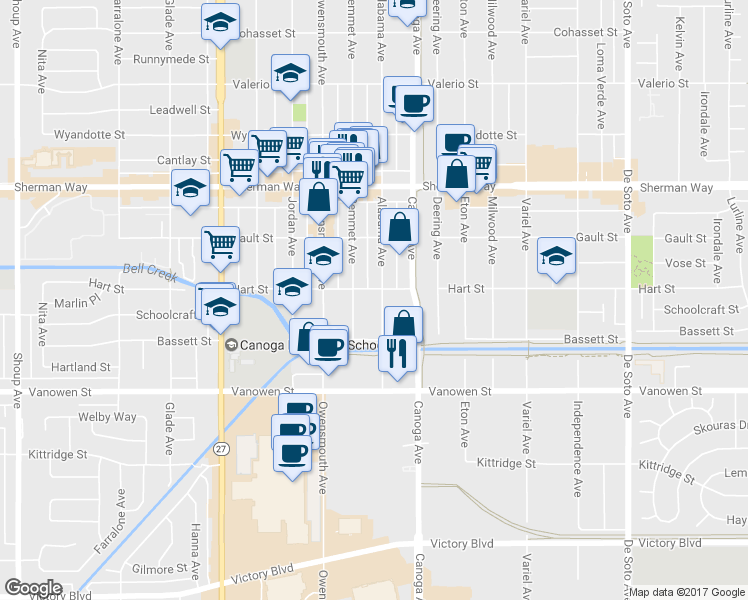 map of restaurants, bars, coffee shops, grocery stores, and more near 6952 Alabama Avenue in Los Angeles