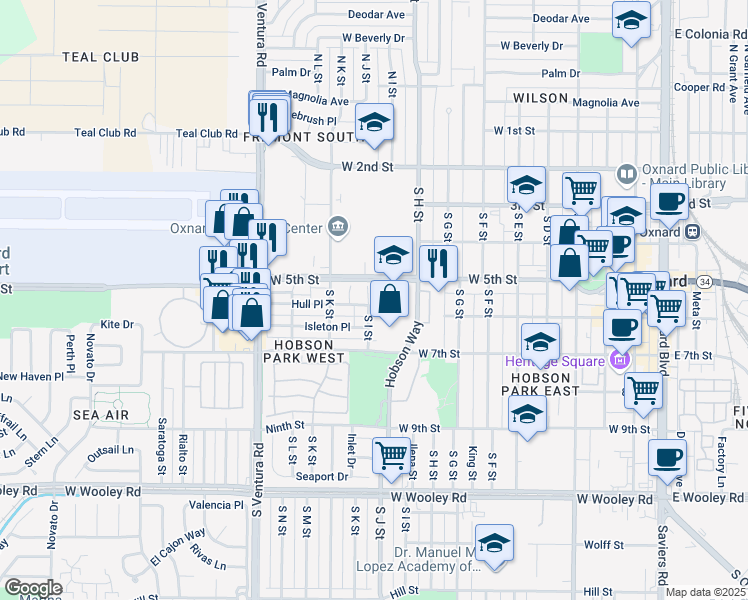 map of restaurants, bars, coffee shops, grocery stores, and more near 530 South I Street in Oxnard
