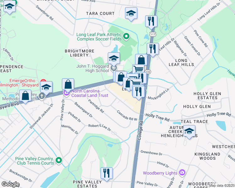 map of restaurants, bars, coffee shops, grocery stores, and more near 4469 Holly Tree Road in Wilmington