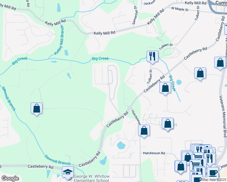 map of restaurants, bars, coffee shops, grocery stores, and more near 3335 Castleberry Village Circle in Cumming