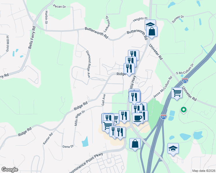 map of restaurants, bars, coffee shops, grocery stores, and more near 3000 Ridge Road in Canton