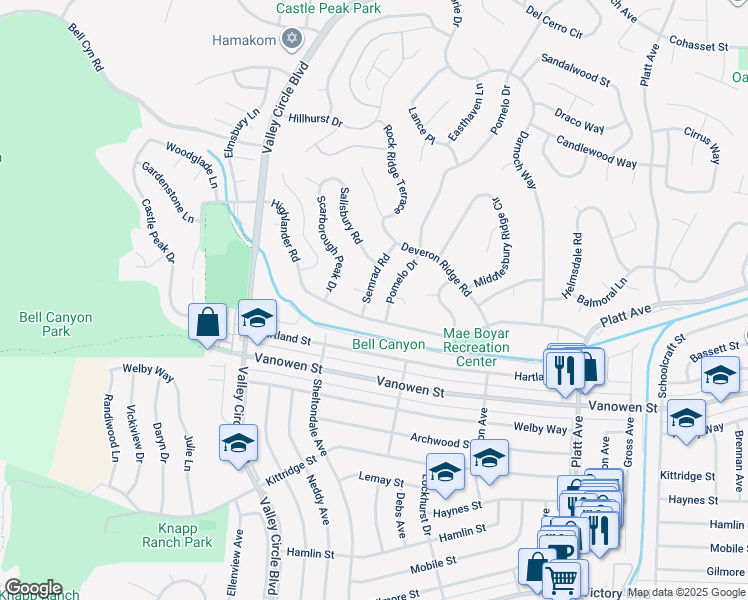 map of restaurants, bars, coffee shops, grocery stores, and more near 6946 Semrad Road in Los Angeles