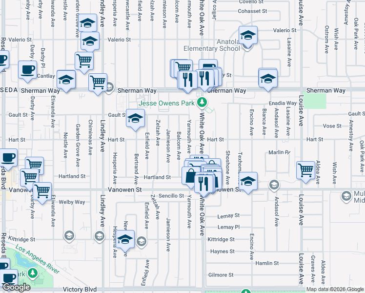 map of restaurants, bars, coffee shops, grocery stores, and more near 6949 Balcom Avenue in Los Angeles