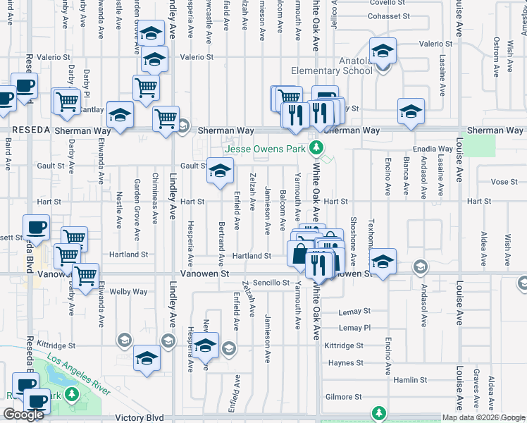 map of restaurants, bars, coffee shops, grocery stores, and more near 6948 Zelzah Avenue in Los Angeles